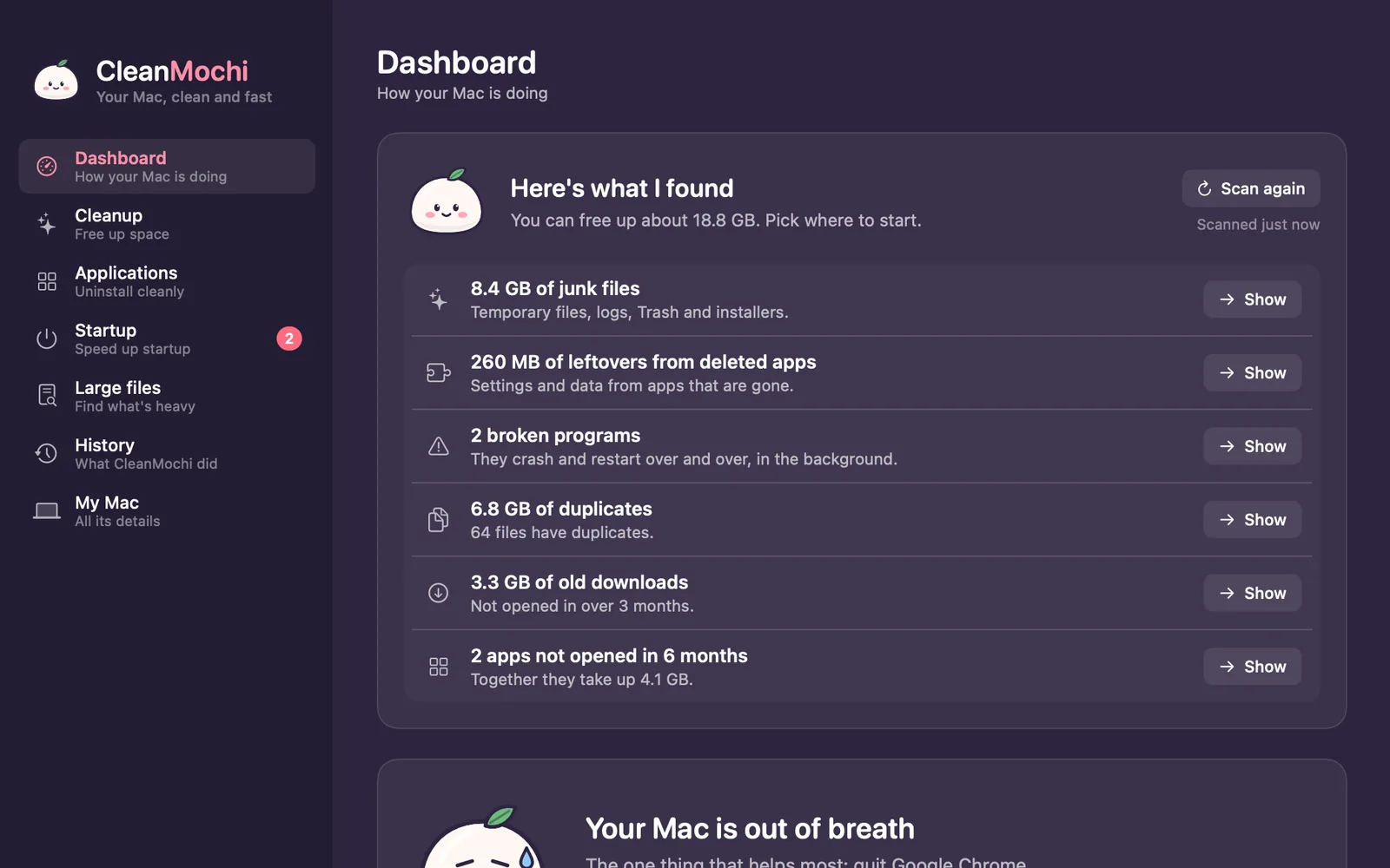 CleanMochi dashboard: 18.8 GB to free up, listing junk files, duplicates and old downloads.
