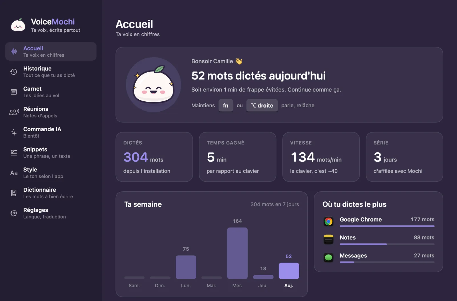 Accueil de VoiceMochi : 52 mots dictés aujourd'hui, les mots de la semaine et les apps où l'on dicte le plus.